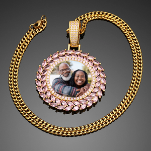 Pink Unique Color, Custom Photo Round Pendant, Grain Pink Cubic Zircon Hip Hop
