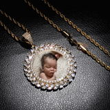 Custom Made Laurel Leaf surround photo Round Pendant, Solid Back Necklace