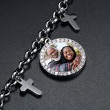 Custom Round Photo Bracelet with drop crosses,  Hip Hop Jewelry