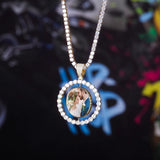 Custom Made Double sided Round Photo Rotating Pendant Zircon  Hip hop Jewelry