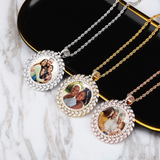Custom Made Laurel Leaf surround photo Round Pendant, Solid Back Necklace