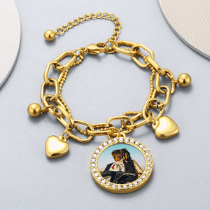 Photo Bracelet GOLD ROUND Multilayer Drop Heart Charms