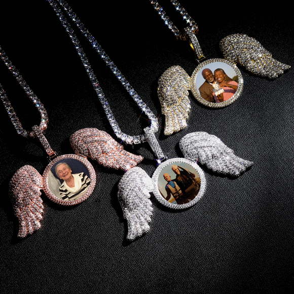 New Angel Wings Memory Pendant, Custom Photo Pendant and Necklace LARGE
